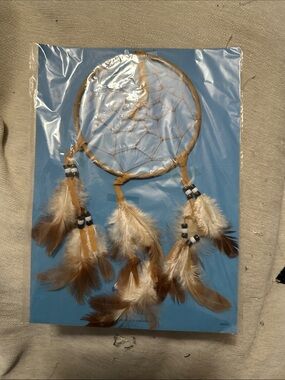 Leather Hoop Dreamcatcher with Brown & Cream Feathers and beads New